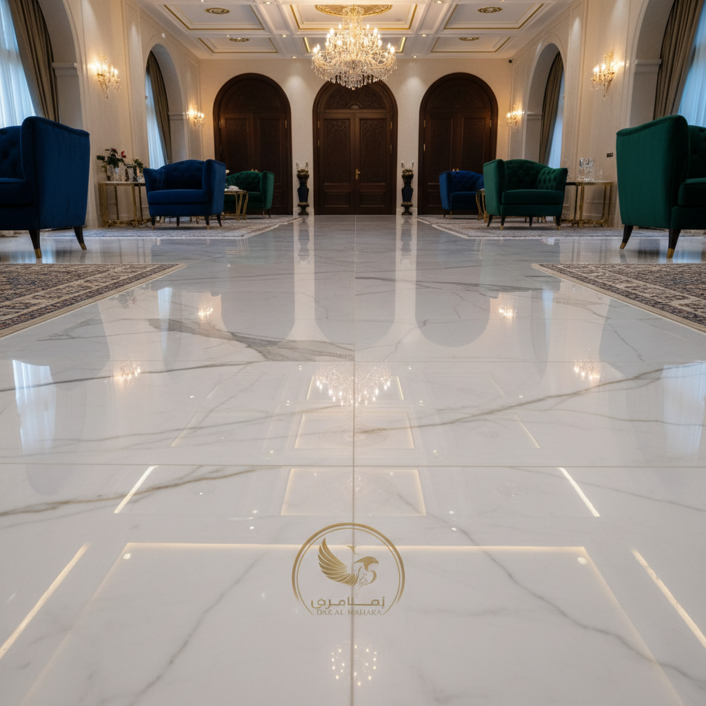 A luxurious marble floor, gleaming brightly after professional polishing, reflecting the elegant interiors of a Qatari home. The image should convey a sense of 'expert craftsmanship' and 'meticulous care', perhaps with a subtle, stylized logo of 'Dar Al Mahara' subtly integrated or implied through the perfection of the work. Focus on the rich texture and natural veining of the marble, showcasing its restored beauty and high-gloss finish, creating a sophisticated and inviting atmosphere. Shot with professional lighting to highlight the shine.