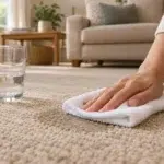 صورة توضيحية لامتصاص انسكاب صغير من السجاد بقماش أبيض دون فرك