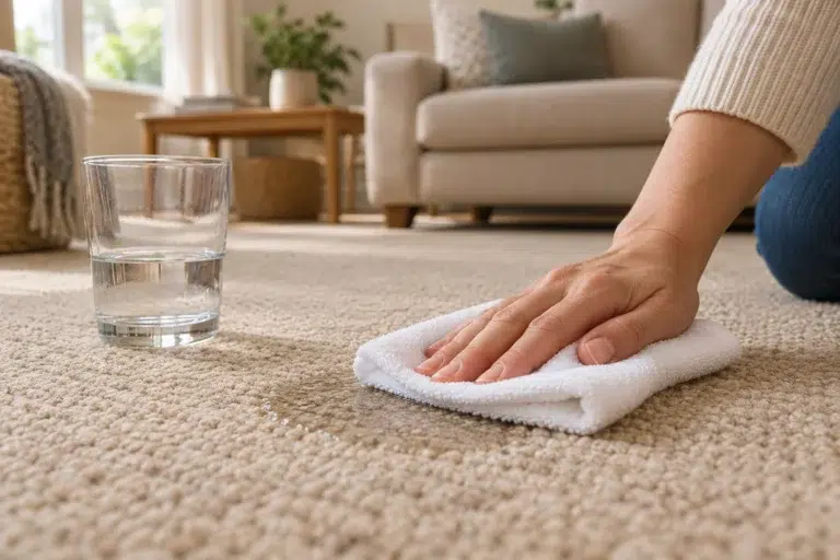 صورة توضيحية لامتصاص انسكاب صغير من السجاد بقماش أبيض دون فرك